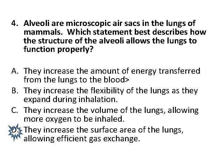 4. Alveoli are microscopic air sacs in the lungs of mammals. Which statement best