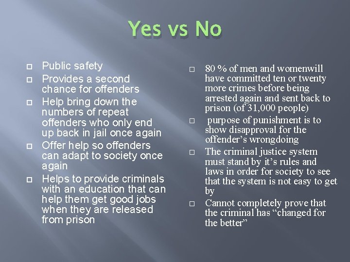 Yes vs No Public safety Provides a second chance for offenders Help bring down