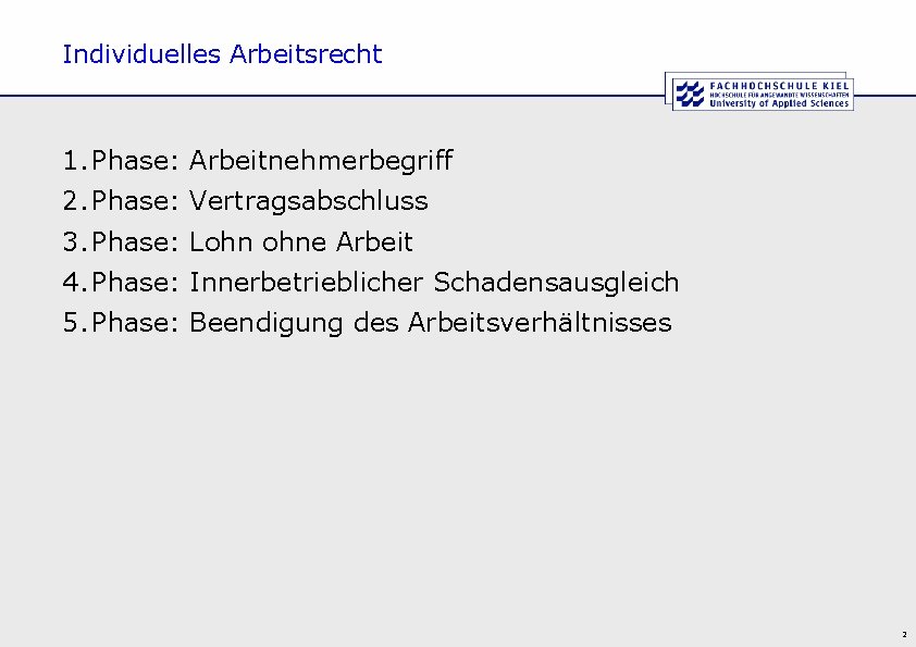 Individuelles Arbeitsrecht 1. Phase: Arbeitnehmerbegriff 2. Phase: Vertragsabschluss 3. Phase: Lohn ohne Arbeit 4.