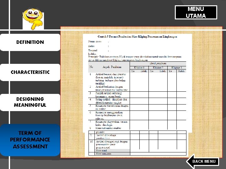 MENU UTAMA DEFINITION CHARACTERISTIC DESIGNING MEANINGFUL TERM OF PERFORMANCE ASSESSMENT BACK MENU 