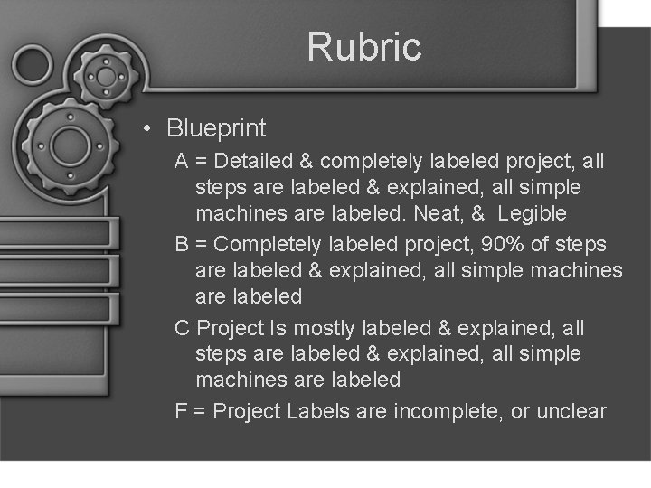 Rubric • Blueprint A = Detailed & completely labeled project, all steps are labeled