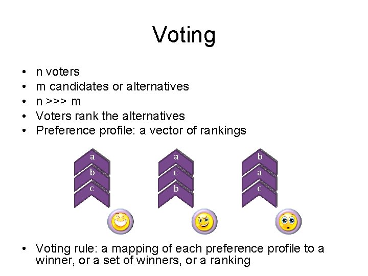 Voting • • • n voters m candidates or alternatives n >>> m Voters