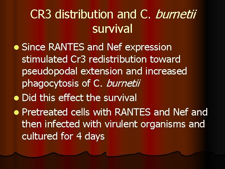 CR 3 distribution and C. burnetii survival l Since RANTES and Nef expression stimulated