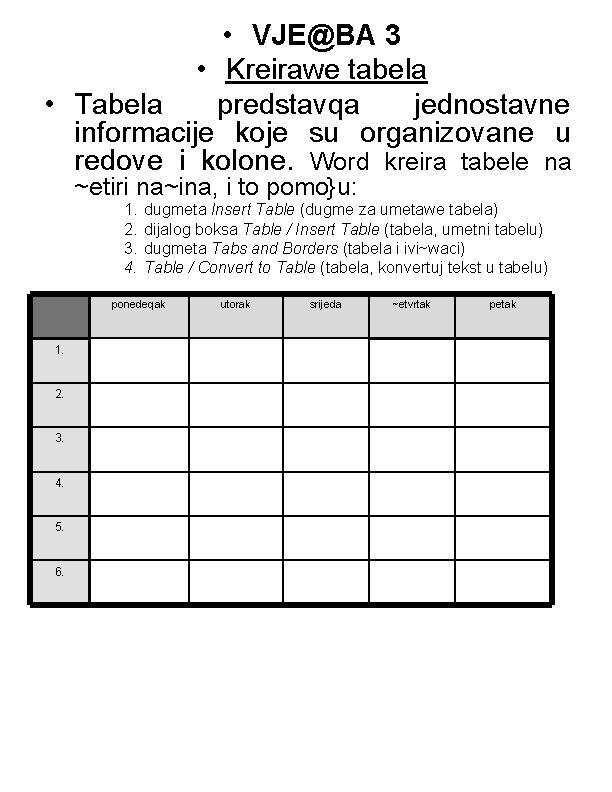 • VJE@BA 3 • Kreirawe tabela • Tabela predstavqa jednostavne informacije koje su
