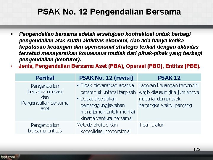 PSAK No. 12 Pengendalian Bersama § • Pengendalian bersama adalah ersetujuan kontraktual untuk berbagi