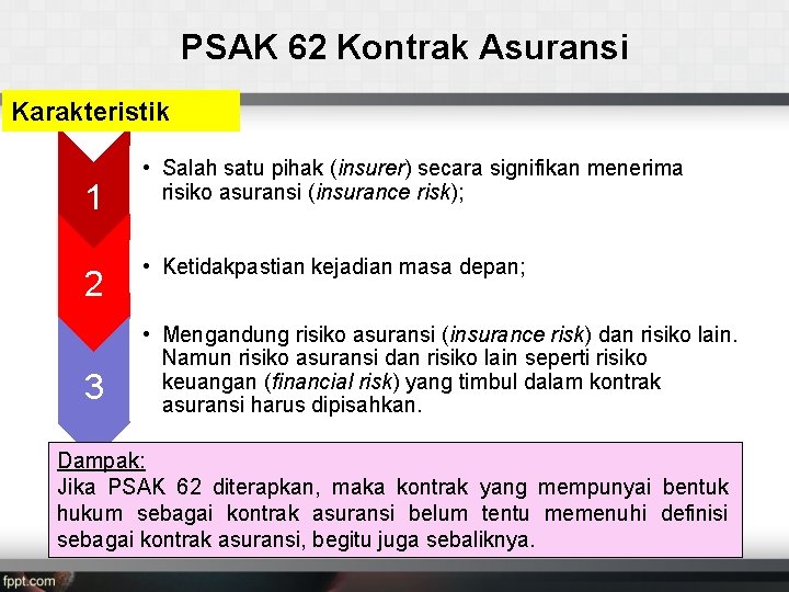 PSAK 62 Kontrak Asuransi Karakteristik 1 2 3 • Salah satu pihak (insurer) secara