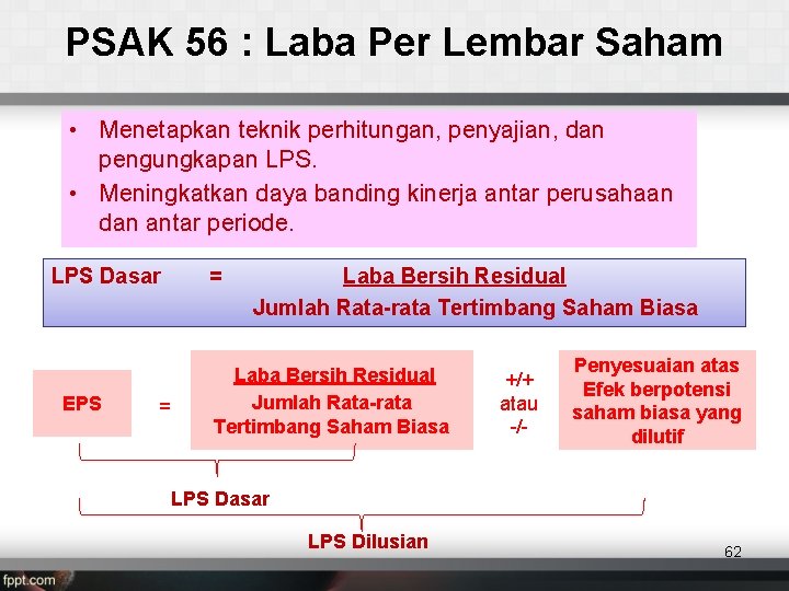 PSAK 56 : Laba Per Lembar Saham • Menetapkan teknik perhitungan, penyajian, dan pengungkapan