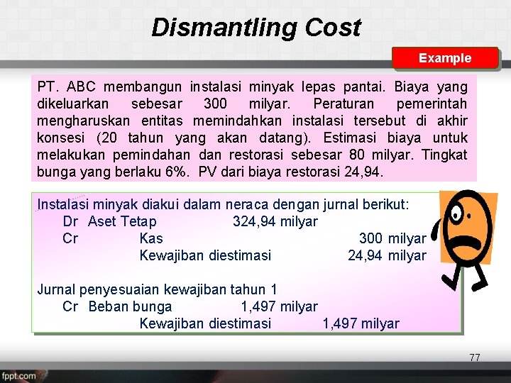 Dismantling Cost Example PT. ABC membangun instalasi minyak lepas pantai. Biaya yang dikeluarkan sebesar