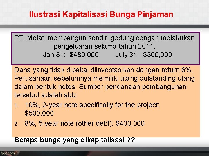 Ilustrasi Kapitalisasi Bunga Pinjaman PT. Melati membangun sendiri gedung dengan melakukan pengeluaran selama tahun