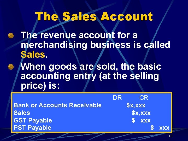 The Sales Account The revenue account for a merchandising business is called Sales When
