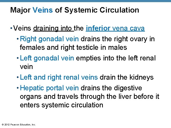 Major Veins of Systemic Circulation • Veins draining into the inferior vena cava • Major Veins of Systemic Circulation • Veins draining into the inferior vena cava •