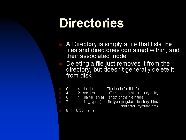 Directories n n A Directory is simply a file that lists the files and