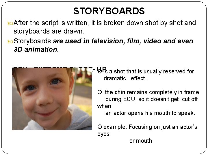 STORYBOARDS After the script is written, it is broken down shot by shot and