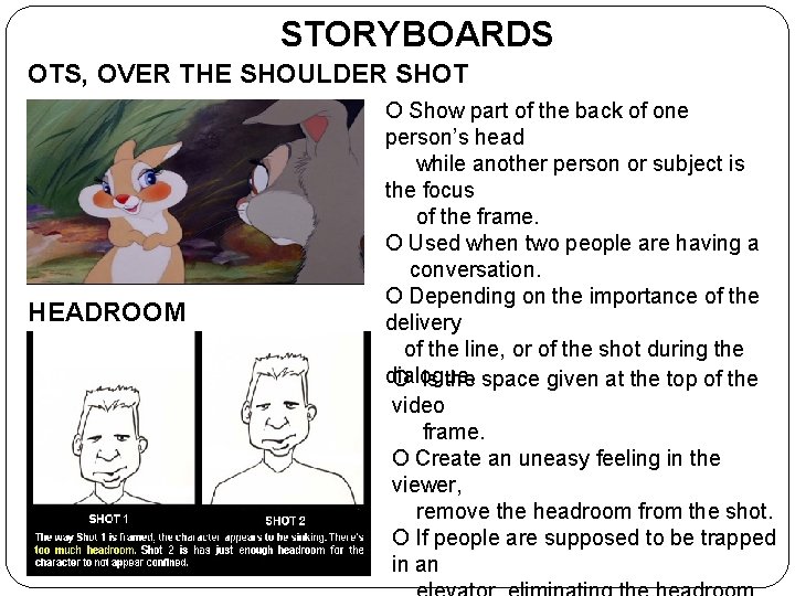 STORYBOARDS OTS, OVER THE SHOULDER SHOT HEADROOM O Show part of the back of