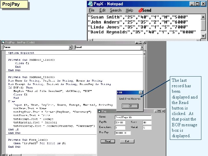 Proj. Pay The last record has been displayed and the Read button is clicked.