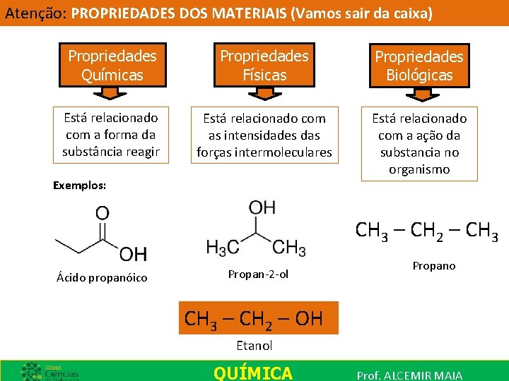 Atenção: PROPRIEDADES DOS MATERIAIS (Vamos sair da caixa) Propriedades Químicas Propriedades Físicas Propriedades Biológicas