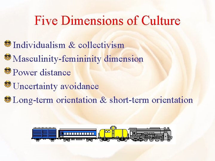 Five Dimensions of Culture Individualism & collectivism Masculinity-femininity dimension Power distance Uncertainty avoidance Long-term