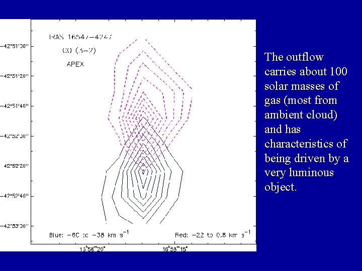 The outflow carries about 100 solar masses of gas (most from ambient cloud) and The outflow carries about 100 solar masses of gas (most from ambient cloud) and