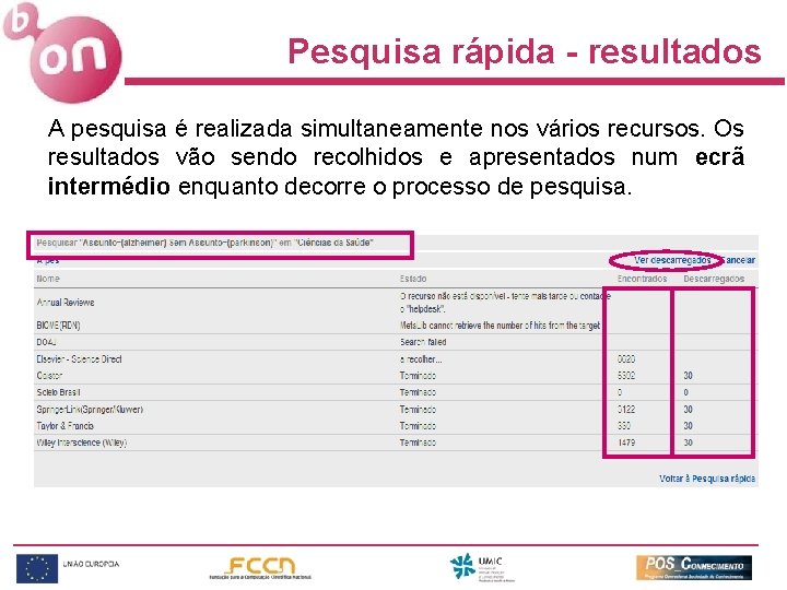 Pesquisa rápida - resultados A pesquisa é realizada simultaneamente nos vários recursos. Os resultados