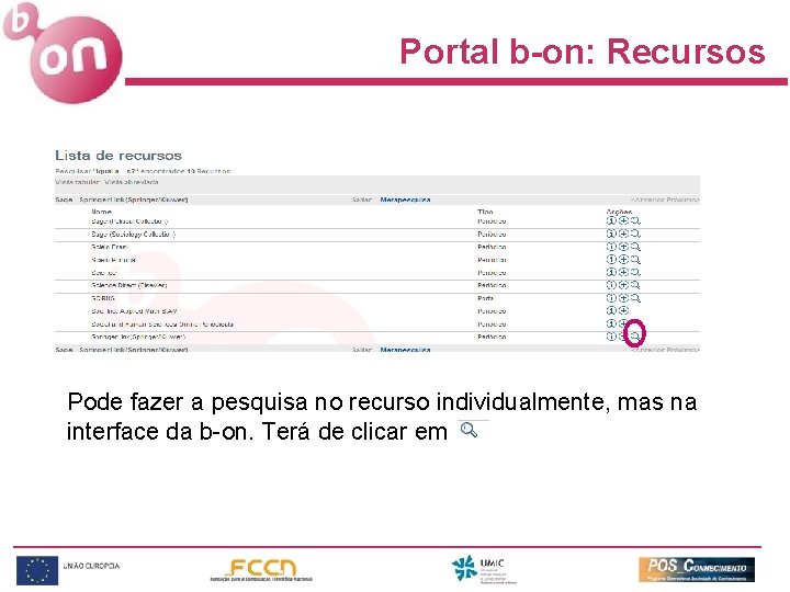 Portal b-on: Recursos Pode fazer a pesquisa no recurso individualmente, mas na interface da