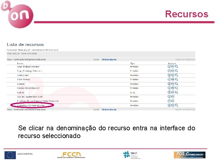 Recursos Se clicar na denominação do recurso entra na interface do recurso seleccionado 