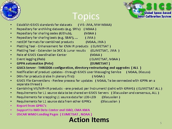 Topics • • • • • • Establish GSICS standards for datasets ( VIS-