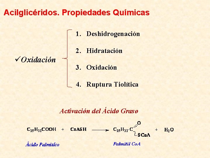 Acilglicéridos. Propiedades Químicas 1. Deshidrogenación 2. Hidratación üOxidación 3. Oxidación 4. Ruptura Tiolítica Activación