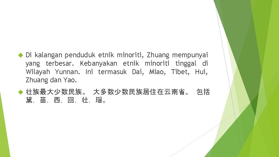  Di kalangan penduduk etnik minoriti, Zhuang mempunyai yang terbesar. Kebanyakan etnik minoriti tinggal