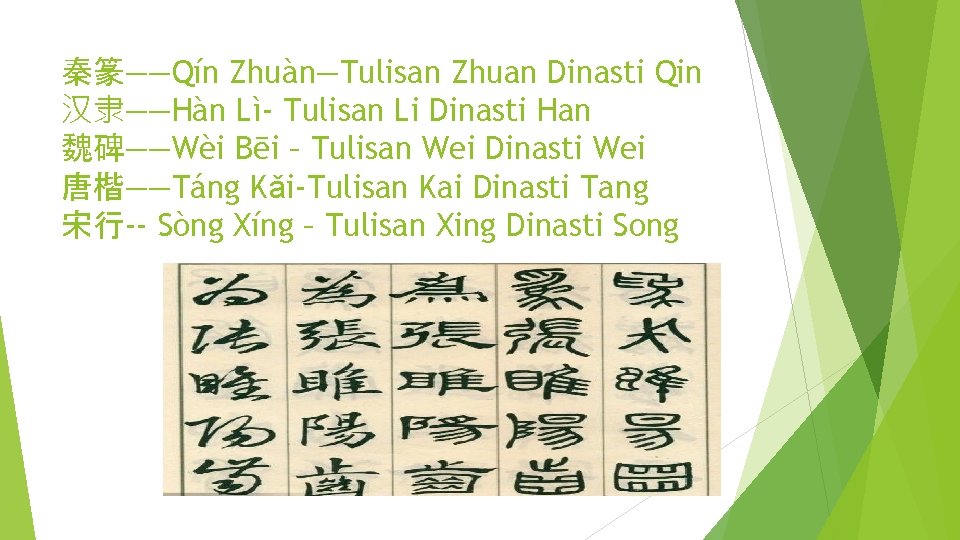 秦篆——Qín Zhuàn—Tulisan Zhuan Dinasti Qin 汉隶——Hàn Lì- Tulisan Li Dinasti Han 魏碑——Wèi Bēi –