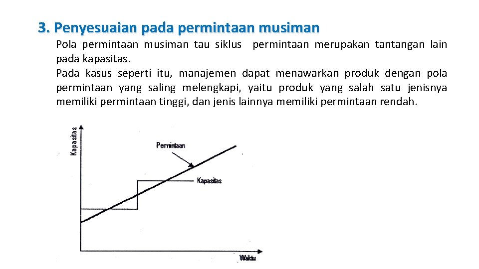 3. Penyesuaian pada permintaan musiman Pola permintaan musiman tau siklus permintaan merupakan tantangan lain