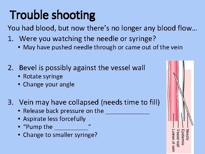 Trouble shooting You had blood, but now there’s no longer any blood flow… 1.