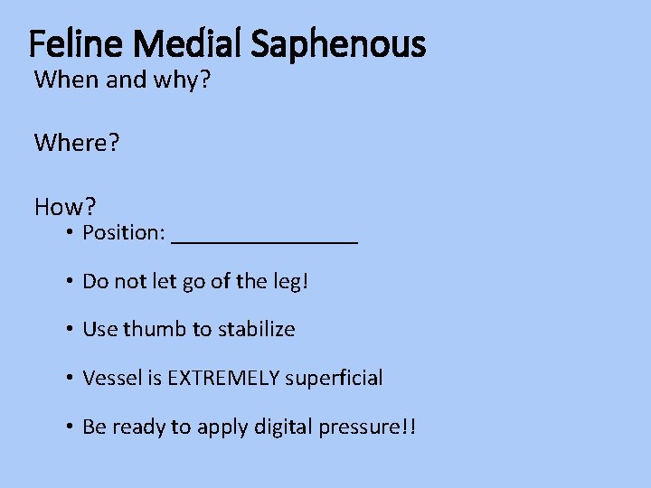 Feline Medial Saphenous When and why? Where? How? • Position: ________ • Do not