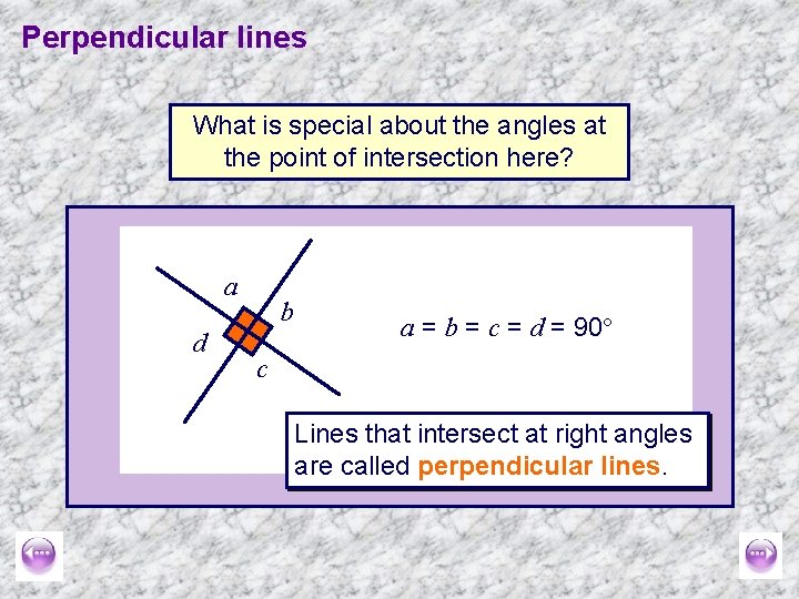 Perpendicular lines What is special about the angles at the point of intersection here?