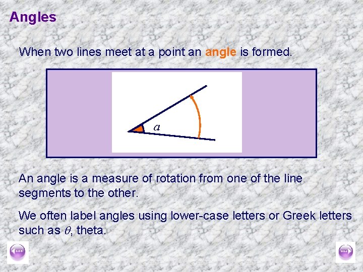 Angles When two lines meet at a point an angle is formed. a An