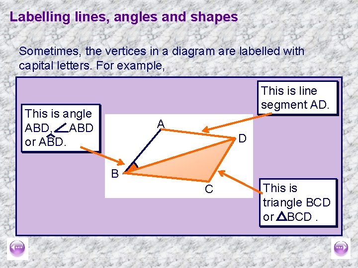 Labelling lines, angles and shapes Sometimes, the vertices in a diagram are labelled with