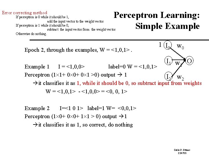 Error correcting method Perceptron Learning: Simple Example If perceptron is 0 while it should Error correcting method Perceptron Learning: Simple Example If perceptron is 0 while it should