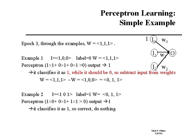 Perceptron Learning: Simple Example Epoch 3, through the examples, W = <1, 1, 1>. Perceptron Learning: Simple Example Epoch 3, through the examples, W = <1, 1, 1>.