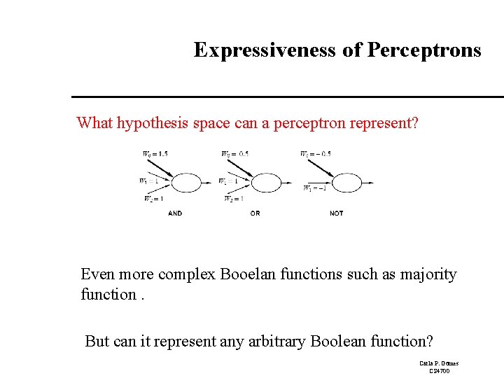 Expressiveness of Perceptrons What hypothesis space can a perceptron represent? Even more complex Booelan Expressiveness of Perceptrons What hypothesis space can a perceptron represent? Even more complex Booelan