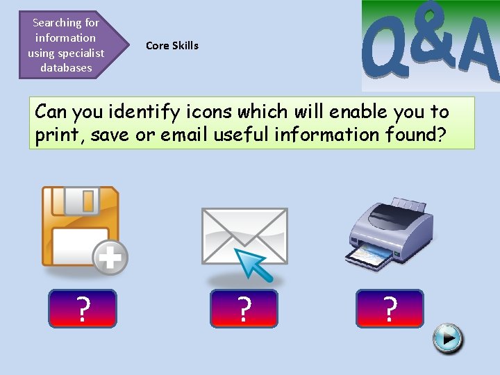 Searching for information using specialist databases Core Skills Can you identify icons which will