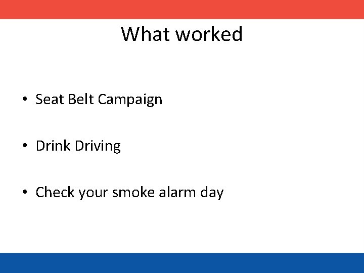 What worked • Seat Belt Campaign • Drink Driving • Check your smoke alarm