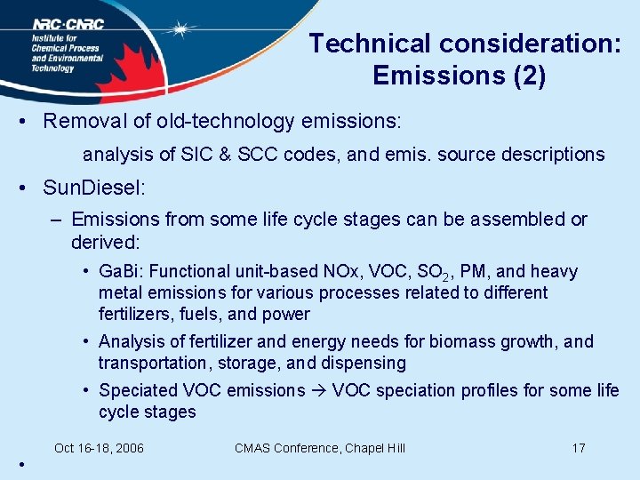Technical consideration: Emissions (2) • Removal of old-technology emissions: analysis of SIC & SCC