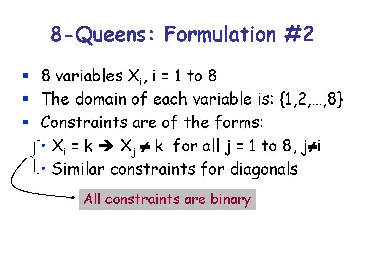8 -Queens: Formulation #2 § 8 variables Xi, i = 1 to 8 §