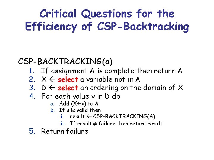 Critical Questions for the Efficiency of CSP-Backtracking CSP-BACKTRACKING(a) 1. 2. 3. 4. If assignment