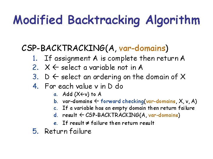 Modified Backtracking Algorithm CSP-BACKTRACKING(A, var-domains) 1. 2. 3. 4. If assignment A is complete