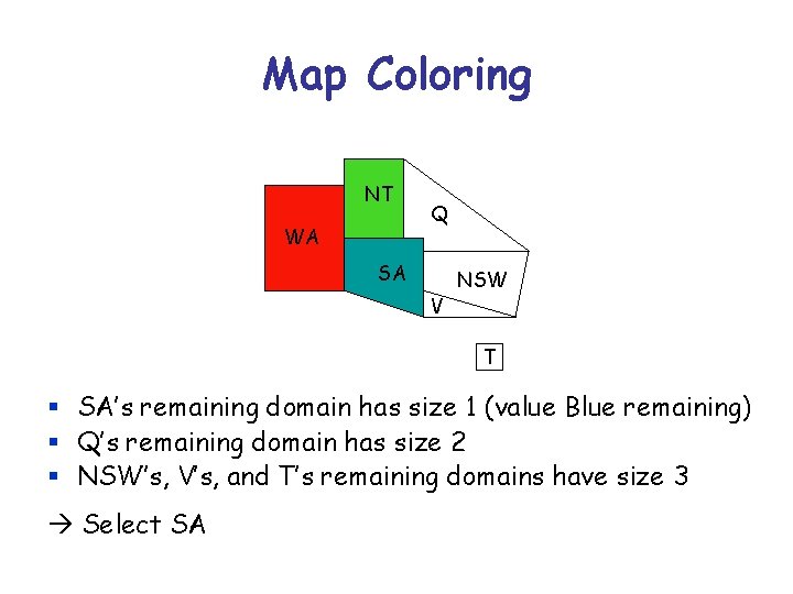 Map Coloring NT WA Q SA V NSW T § SA’s remaining domain has