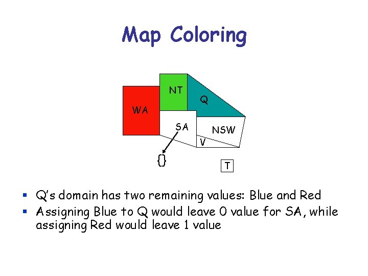 Map Coloring NT WA Q SA V {} NSW T § Q’s domain has