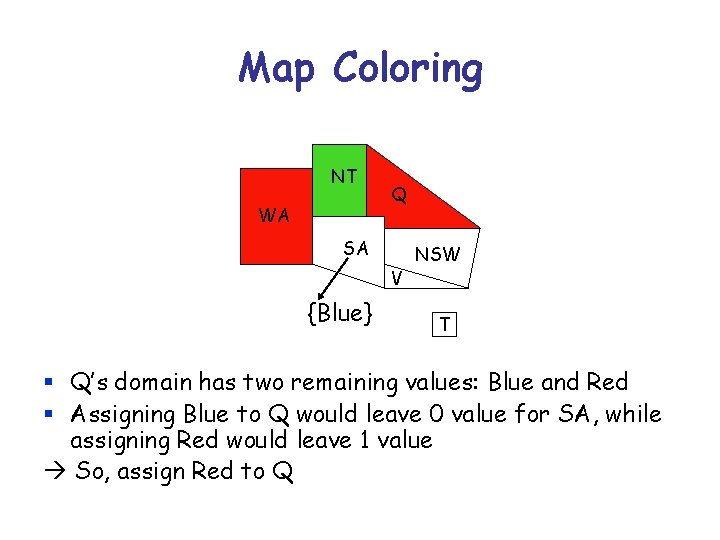 Map Coloring NT WA Q SA V {Blue} NSW T § Q’s domain has