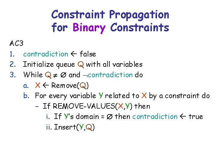 Constraint Propagation for Binary Constraints AC 3 1. contradiction false 2. Initialize queue Q