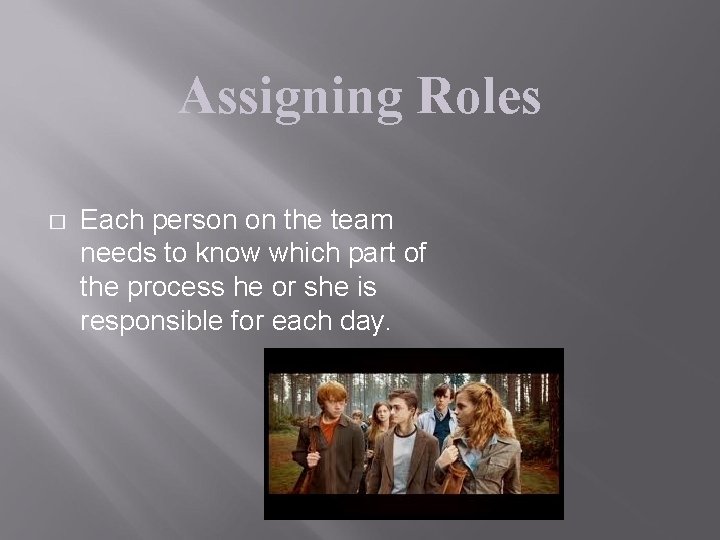 Assigning Roles � Each person on the team needs to know which part of