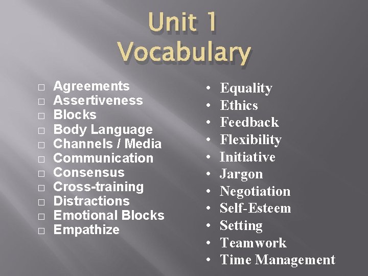 Unit 1 Vocabulary � � � Agreements Assertiveness Blocks Body Language Channels / Media